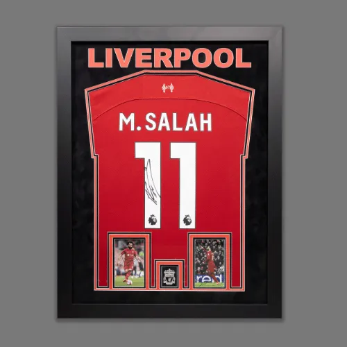 Signed Liverpool FC Mohamed Salah shirt framed in black with two photographs mounted below