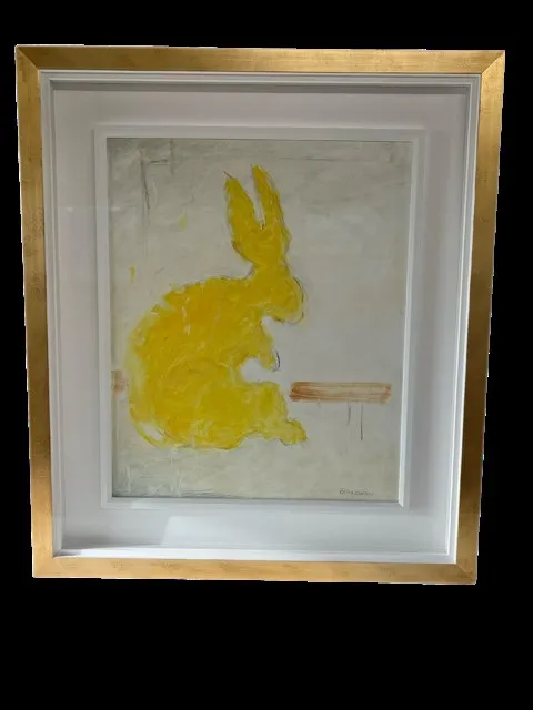 Yellow rabbit painting floated in a water-gilded box frame with a wide white mount