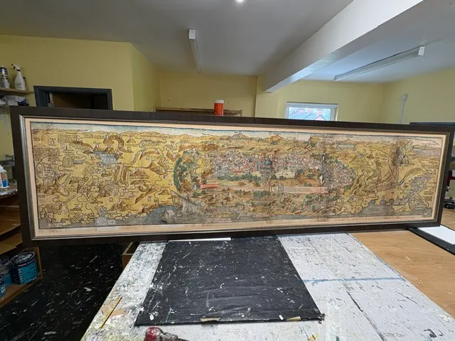 Large historical map stretched on canvas and framed in an antique walnut moulding
