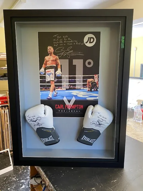Carl Frampton signed photograph with two signed Everlast boxing gloves in a grey-lined box frame