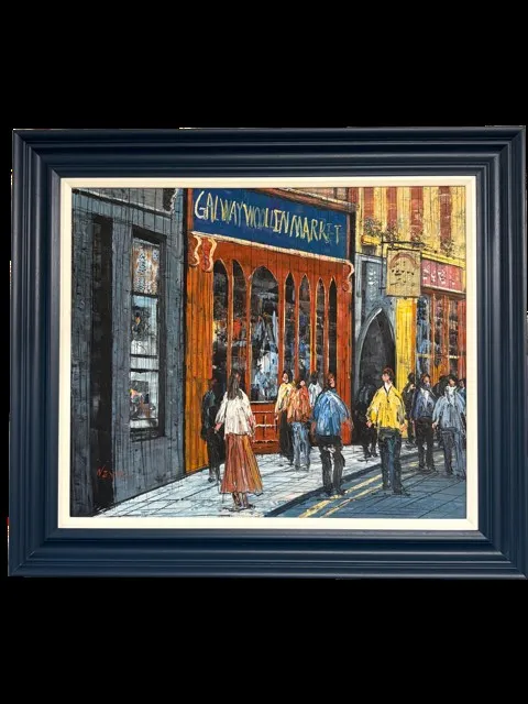 Street painting of Galway Woollen Market in a Hague Blue frame with a cream insert