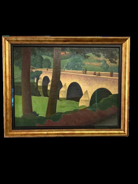 John Luke tempera of a pale arched bridge among trees, in a gold frame with a black inset, glazed with museum glass
