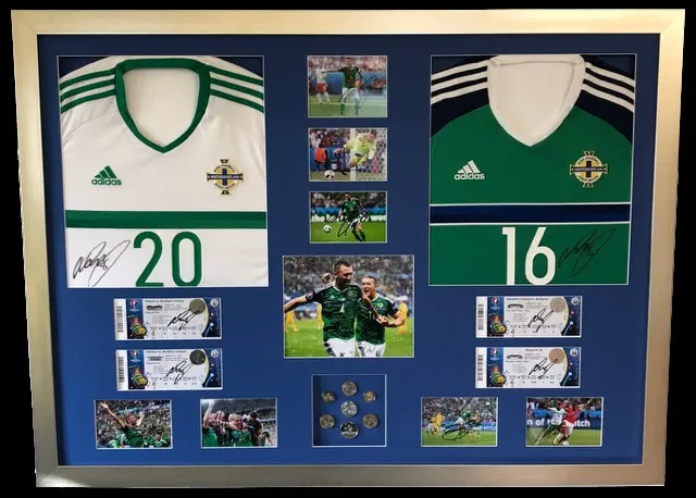 Northern Ireland Euro 2016 shirts, tickets, coins and photographs in a silver multi-aperture frame
