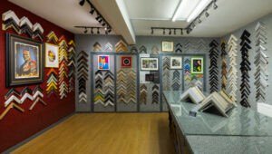 Concept Framing Belfast studio showing picture frame samples and artwork displays